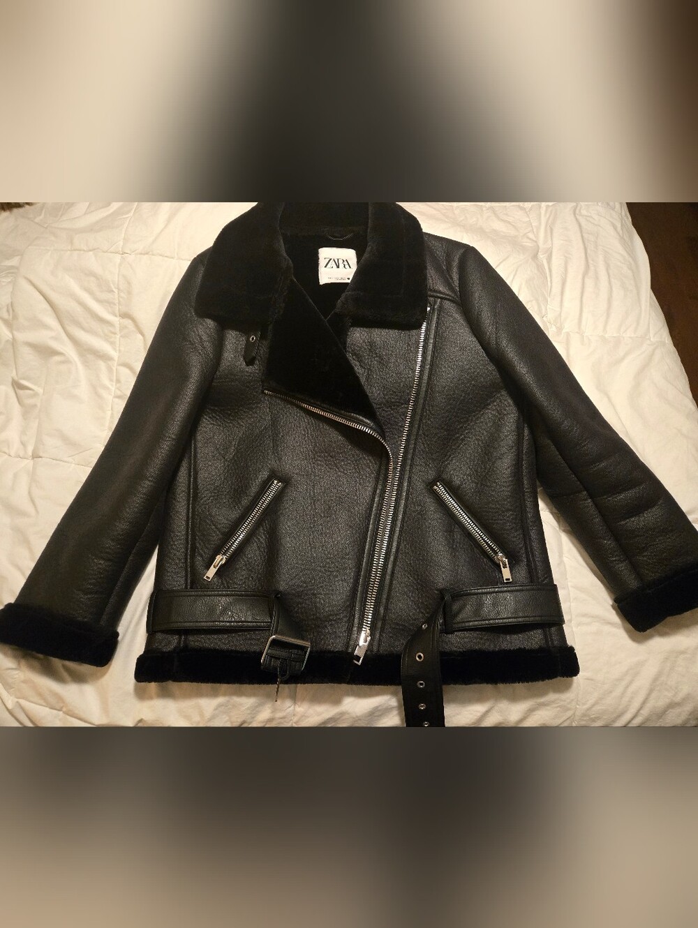 Zara Black Leather Shearling-Lined Biker Jacket